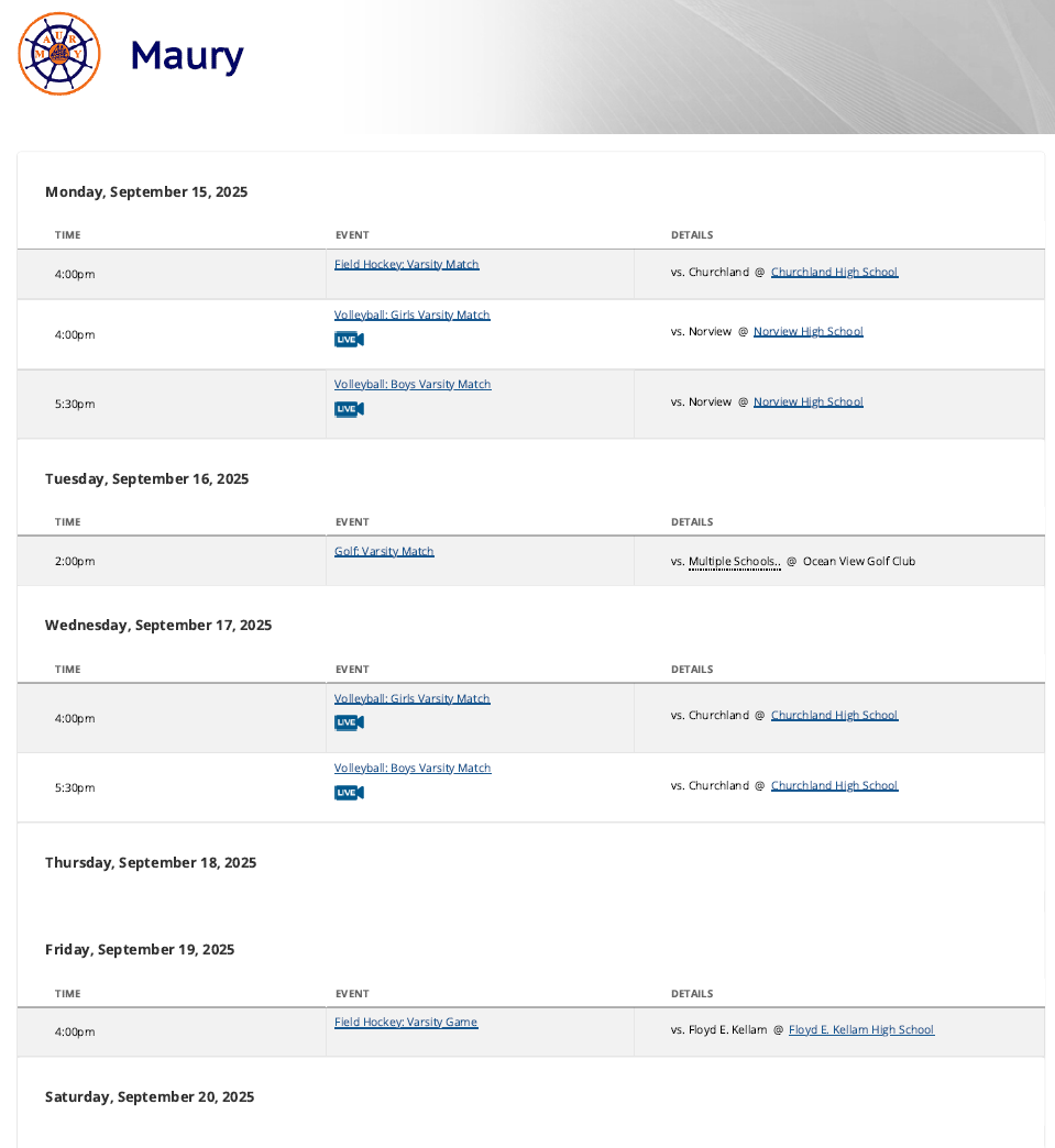 Weekly Sports Schedule Sept. 15-20